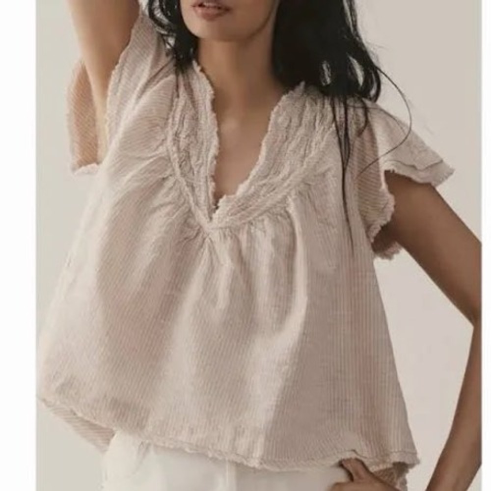Anthropologie Linen Cotton Striped Smocked V-Neck Blouse Tan White Small NEW